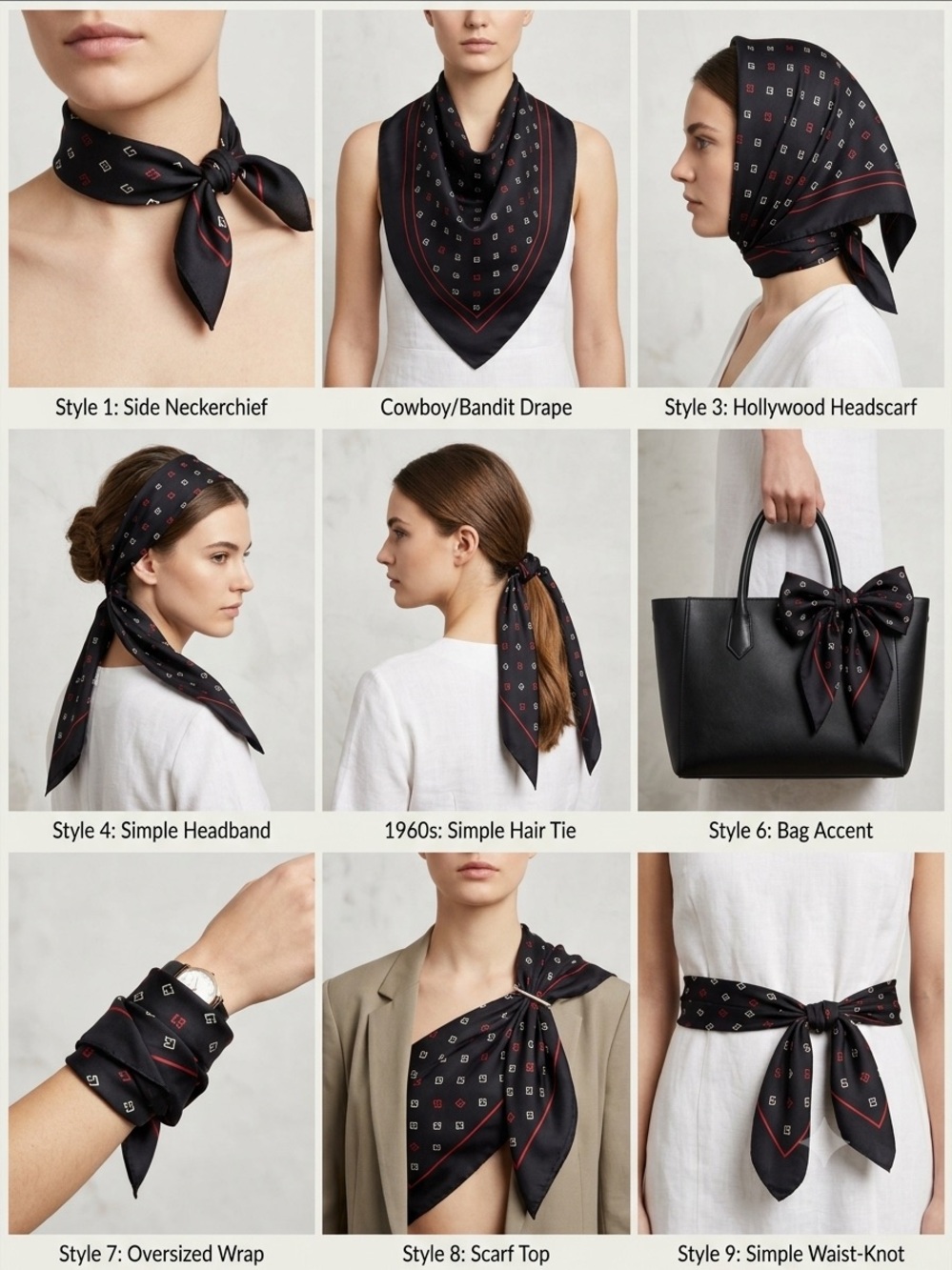 Black Geometric Border Scarf with Red & White Accents